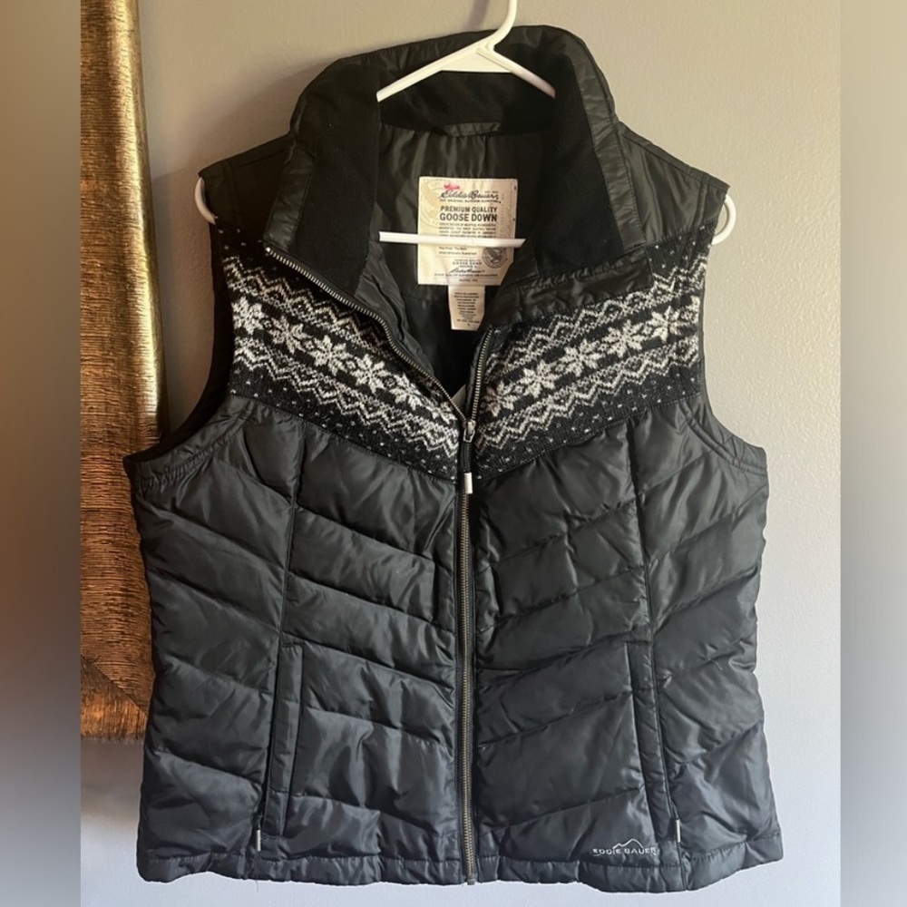 EDDIE BAUER🪿Goose Down Puffer Vest with Fair Isle Snowflake❄️Sweater Knit Yolk